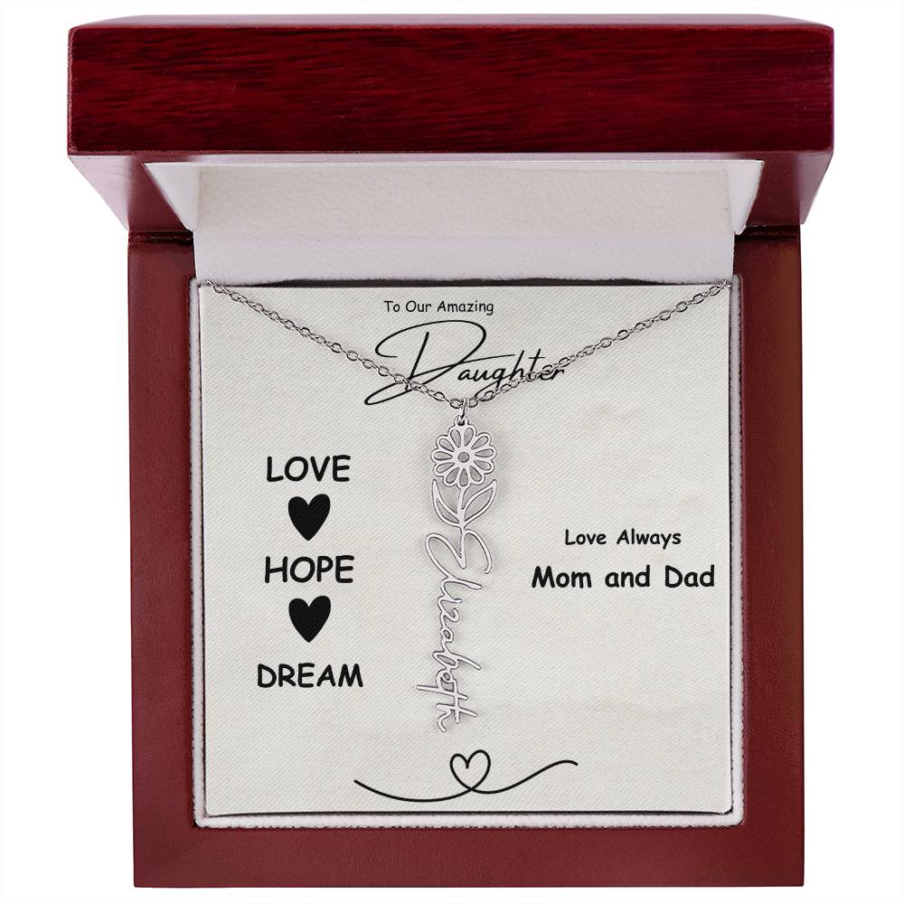 To Our Daughter, Birth Flower Name Necklace, Mom and Dad Gift